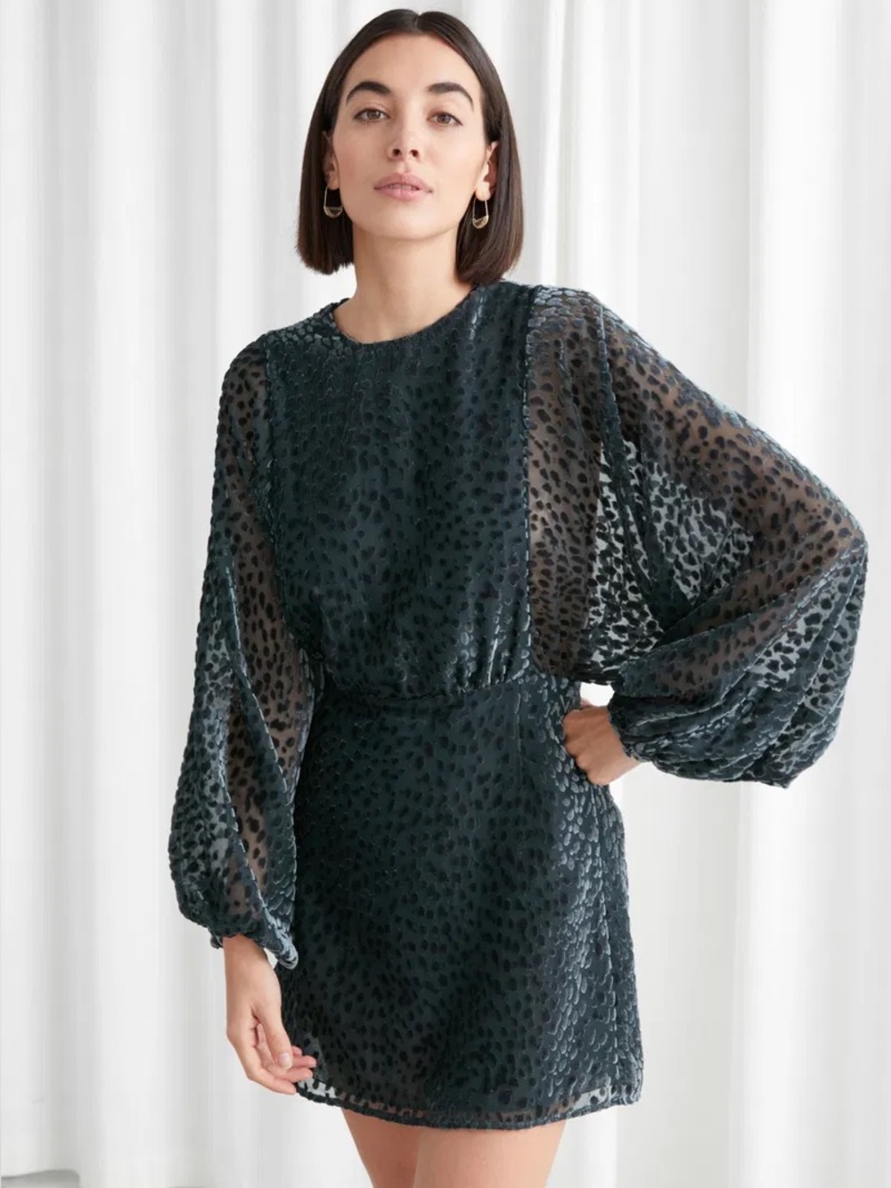 NWT. & Other Stories. Jacquard Puff Sleeve Mini Dress. Black Leopard. Size 0.